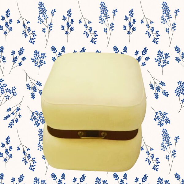 Creme Velvet Ottoman with Tan Leather and Gold Trim - Image 2