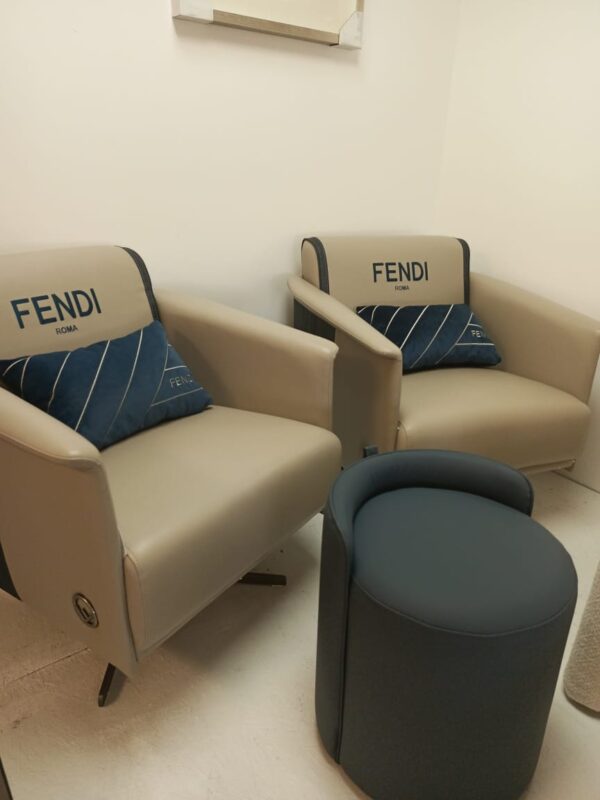 Beige with Blue Trim Genuine Leather Fendi Accent Chair with Swivel Base - Image 2