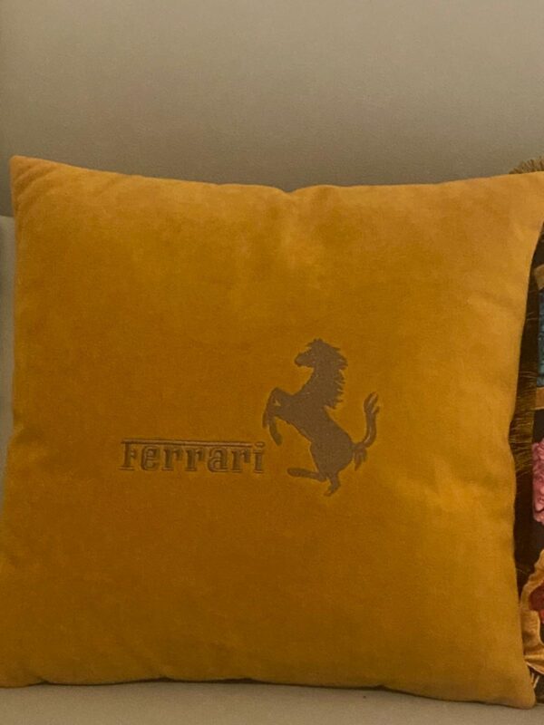 Luxury Ferrari-Inspired Velvet Throw Pillow – Bold Yellow with Embroidered Iconic Prancing Horse for Sophisticated Home Décor